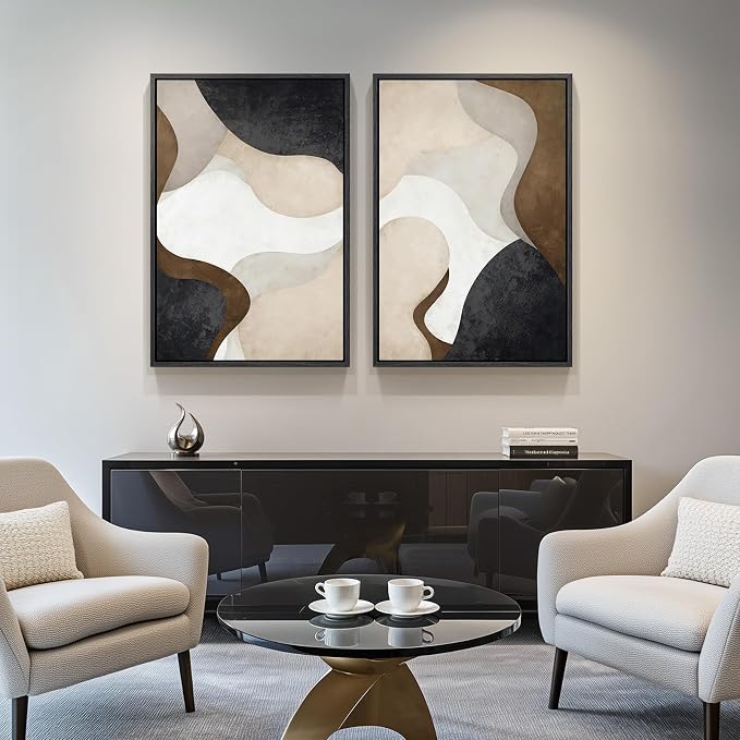 Large Framed Modern Abstract Wall Art for Living Room Set of 2, 24x36 In | Minimalist, Canvas prints, Neutral pictures, Beige brown, Black frame paintings, Bedroom, Dining room, Entryway wall decor