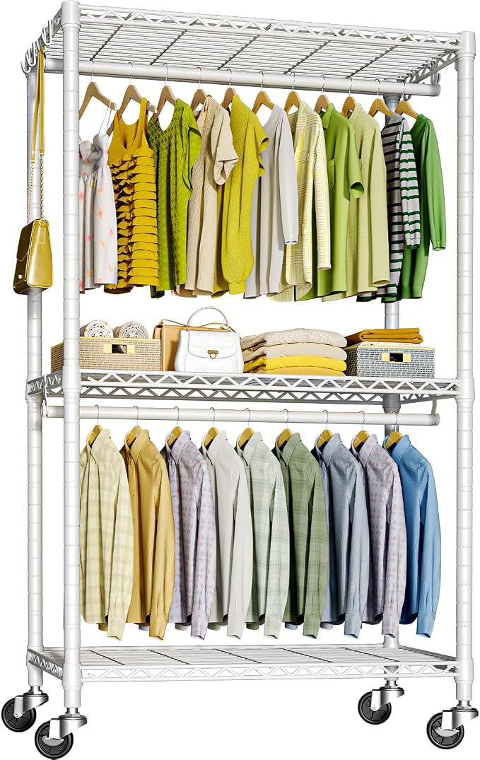 FUTASSI Rolling Clothes Rack, Clothing Racks for Hanging Clothes, White | P3 Heavy Duty Garment Rack with Wheels, Freestanding Portable Closet Racks 39.4'' W x 14'' D x 78.5'' H, Max Load 470 LBS