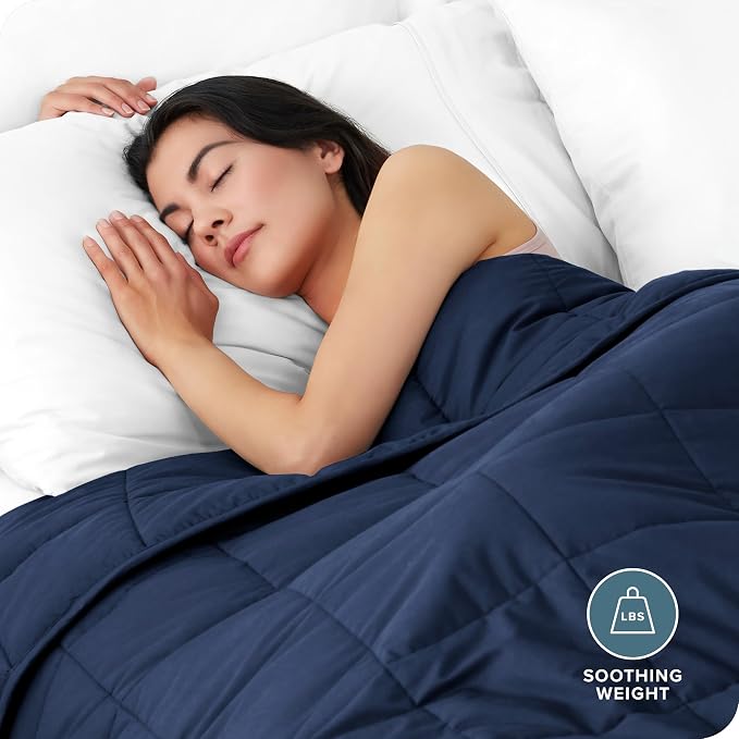 Bare Home Cotton Weighted Blanket (Dark Blue, 48"x72" 12lbs) | Full or Queen Size for Adults, All-Natural 100% Cotton, Premium Heavy Blanket Nontoxic Glass Beads