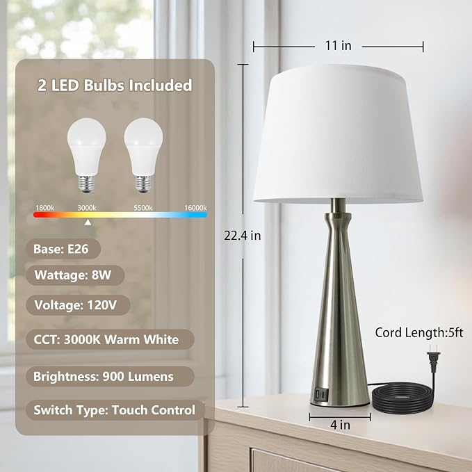 Modern Touch Lamps for Nightstand, 3 Way Dimmable Bedroom Lamp Set of 2 | USB C+A Charging Ports, Silver Bedside Lamps for Bedroom, Living Room, End Table, Bed Side, LED Bulb Included