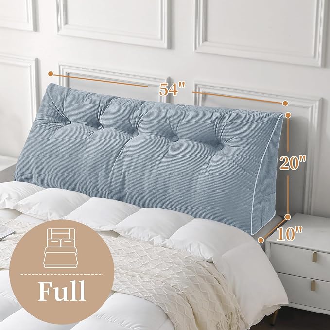 Sasttie Headboard Pillow Full, Wedge Pillow Headboard, Greyish Blue | Triangle Backrest Cushion for Sitting or Reading in Bed, Dorm Essentials, OEKO-TEX, Down Alternative Fill, Side Pockets