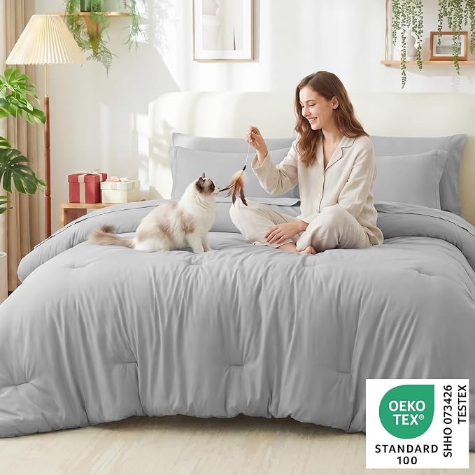 Queen Comforter Set Light Grey, 7 Pieces Bed in a Bag | OEKO-TEX Certified, All-Season, Bedroom, 240GSM Down Alternative Comforter, Flat & Fitted Sheets, 2 Pillowcases & 2 Shams