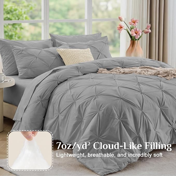 JOLLYVOGUE Twin XL Comforter Set 5 Pieces - Bed in a Bag Twin XL for All Season, Pintuck Bedding Comforter Sets with Comforter, Flat Sheet, Fitted Sheet and Pillowcases & Shams, Light Grey