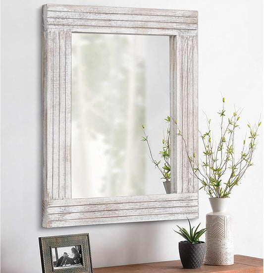 Wall Mirror Rustic Wooden Frame Rectangle Mirror Vintage Hanging Mirror for Bedroom Bathroom Living Room Farmhouse Wall Decor Large 26" x 18"