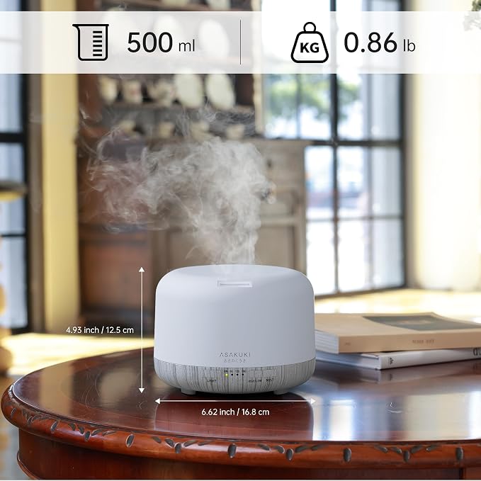 ASAKUKI Essential Oil Diffuser for Home, 500ML Aromatherapy Humidifier | with Remote Control, 7 Color LED Lights, Quiet Cool Mist Diffuser for Bedroom, Living Room, Office (White)