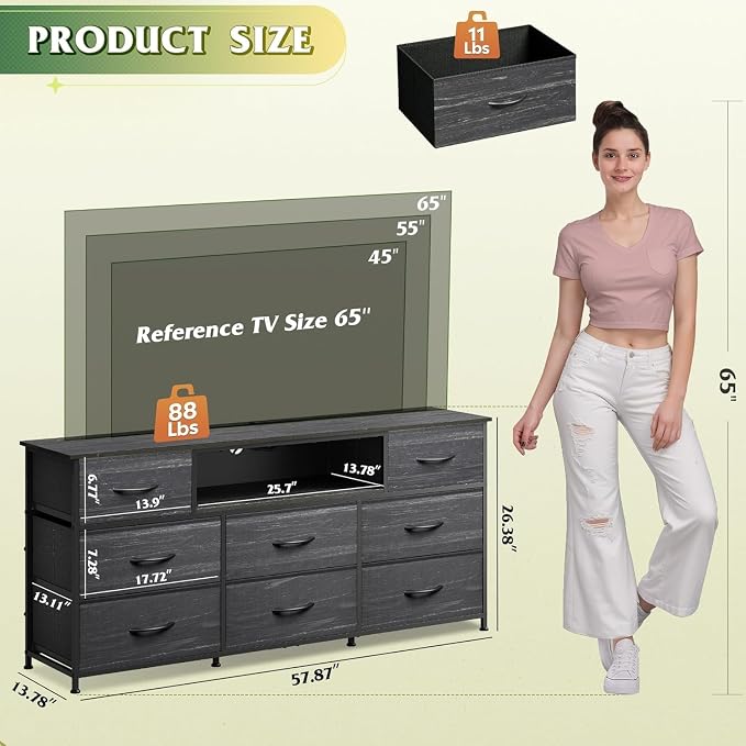 WLIVE Dresser TV Stand for 65 Inch TV, 8 Drawers, LED, Black Wood Grain | Fits TVs up to 65 inch, 8 fabric drawers, Built-in power outlet, Chest of drawers, Living room or bedroom