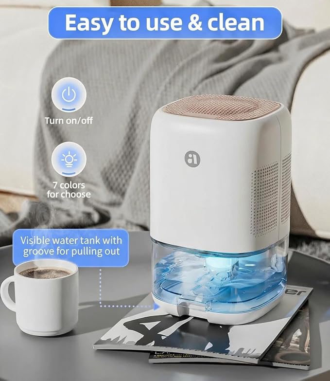 35 OZ Dehumidifier for Bedroom RV, Quiet with Auto Shut Off, Gold | 280 Sq.Ft Small Dehumidifiers for Home Bathroom Closet, 7 Color Light, 28dB Ultra Quiet, 35OZ Water Tank