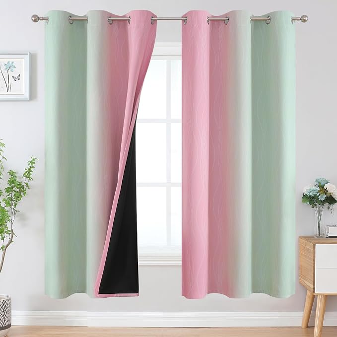 Sage Green and Pink Ombre Blackout Curtains for Bedroom | Room Darkening Curtains 72 Inch Long for Living Room,Thermal Insulated,Light Blocking Grommet Window Drapes,42Wx72L,2 Panels