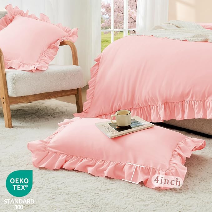FUANNA Pink Duvet Cover Full Size 3 Piece, Farmhouse Shabby Chic Bedding | Ultra Soft 4-Inch Ruffle Duvet Cover Set with Corner Ties & 2 Pillow Shams, Vintage Bed Set for Women & Girls, No Comforter