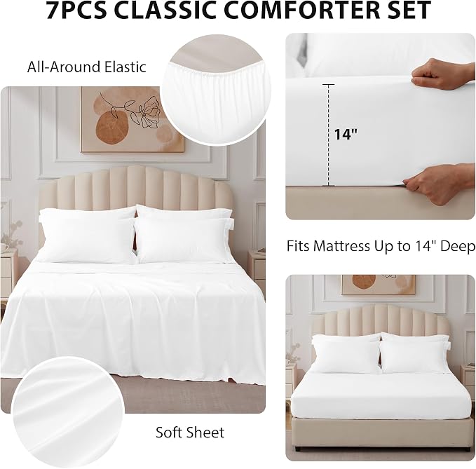 King Comforter Set White - Bed in a Bag King Size 7 Pieces, Soft Bedding Set for All Seasons, Premium King Comforter Set with Comforter, Sheets, Pillowcases & Shams
