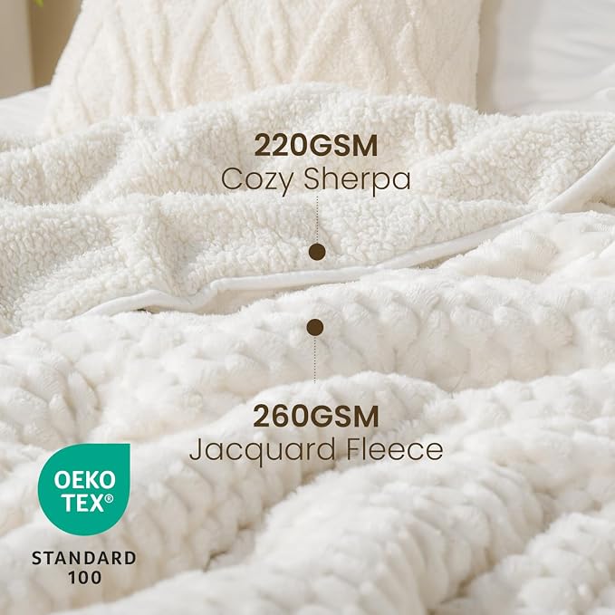 Drewin Weighted Blanket Queen Size 15lbs for Adults,Cream White,60" x 80" | Stress Relief & Better Sleep,Soft Jacquard Sherpa with Glass Beads,Machine Washable,Great for Napping,Relaxing,Reading