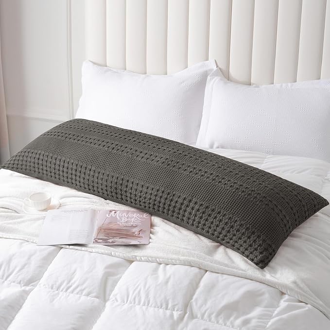 PHF 100% Cotton Waffle Body Pillowcase with Zipper, 1 Pack 20" x 54" Soft Skin-Friendly Pillow Sham, No Filling, Aesthetic Woven and Breathable Waffle Weave Body Pillow Cover for Bed, Charcoal Grey