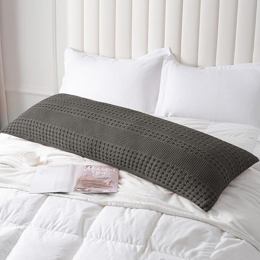 PHF 100% Cotton Waffle Body Pillowcase with Zipper, 1 Pack 20" x 54" Soft Skin-Friendly Pillow Sham, No Filling, Aesthetic Woven and Breathable Waffle Weave Body Pillow Cover for Bed, Charcoal Grey