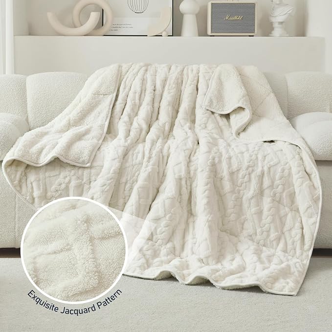 Weighted Blanket for Adults Queen Size 15 lbs 60" x 80" Cream White | Boost Sleep Quality, Relax Body & Mind, Dual Sided Soft Fuzzy Heavy Throw Blankets, Jacquard Knitted, Chunky Warm Fluffy