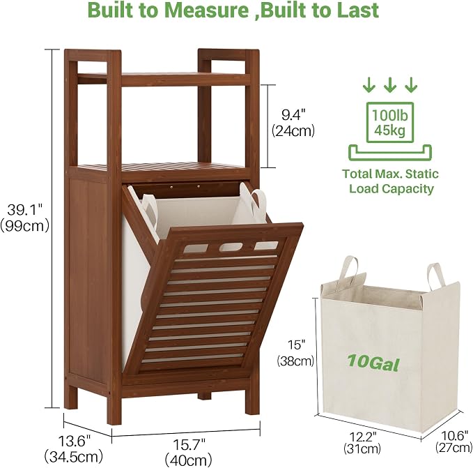Homykic Tilt Out Laundry Hamper Cabinet, 10 Gal Bamboo Laundry Organizer | Wooden Laundry Basket with Removable Bag, Hidden Hamper with Shelf for Clothes, Bathroom, Laundry Room, Space Saving, Walnut