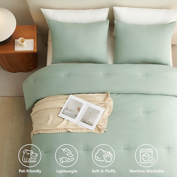King Comforter Set, 3 Pieces Down Alternative Bedding, Sage Green | 270 GSM All Season Comforter with 4 Corner Ties for Use as a Duvet Insert, OEKO-TEX Certified, 2 Pillowcases, 102 x 90 in