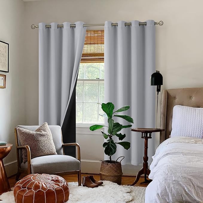 BGment 100% Blackout Curtains for Bedroom with Black Liner, Thermal Insulated Thick Double Layers Total Light Blocking Grommet Window Curtains 72 Inch Length 2 Panels Set (52 x 72 Inch, Light Grey)