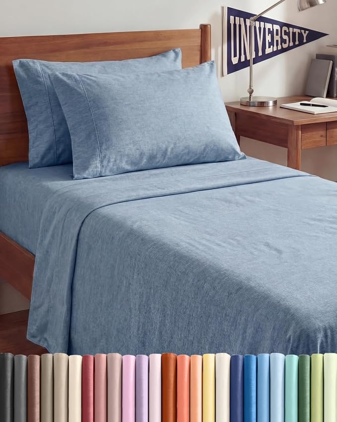 Twin XL 4 Piece Sheet Set - College Dorm Room Essentials - Heathered Blue | Ultra Soft Dorm Bedding Set, 8" to 16" Inch Deep Pockets, 1 Flat & 1 Fitted Sheet & 2 Pillowcases, Wrinkle & Fade Free