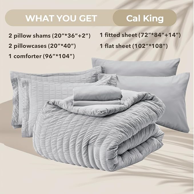 HYMOKEGE Light Grey California King Comforter Set Seersucker 7 Pieces, All Season Luxury Bed in a Bag for Bedroom, Bedding Set with Comforters, Sheets, Pillowcases & Shams
