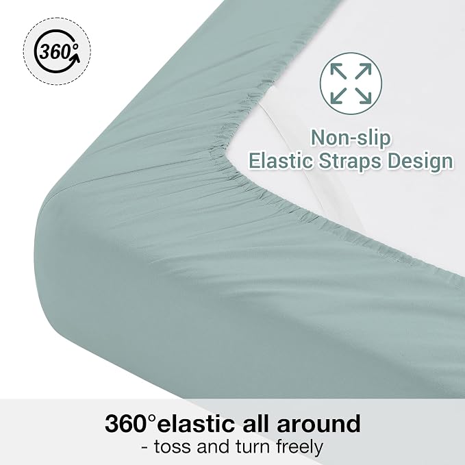 Softan Microfiber Queen Sheet Set with Non-Slip Corner Straps, Dusty Blue | 15" Deep Pocket Fitted Bed Sheets, Double Brushed Microfiber, Cozy Sheets & Pillowcase for All Season