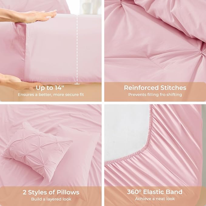 Sasttie Oversized King Comforter Set, 7-Piece Bed in a Bag, Pintuck Bedding Sets for All Season, Includes Comforter, Flat Sheet, Fitted Sheet, Pillowcases and Pillowshams, Baby Pink