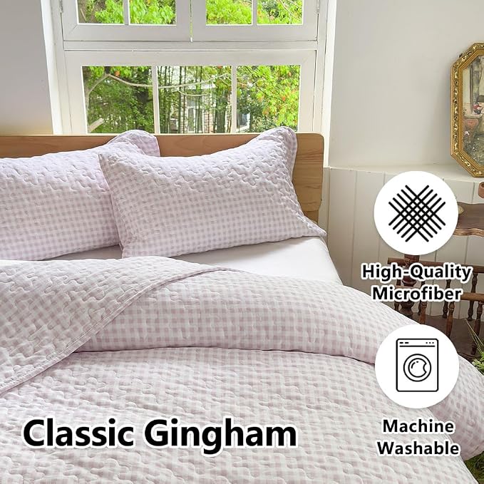 NSNLGSGC Pink Gingham Twin Summer Bedspread Quilt Set | Pre-washed Microfiber,Lightweight Checked Grid Bedding Coverlets for All Seasons