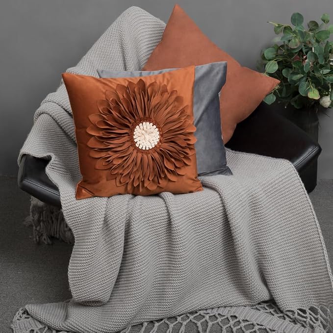 OiseauVoler 3D Flower Decorative Throw Pillow Covers for Couch 18x18 Inch | Vintage Floral Handmade Pillowcases for Living Room Washable With Zipper Soft Velvet Pet Hair Resistant Rust Terracotta