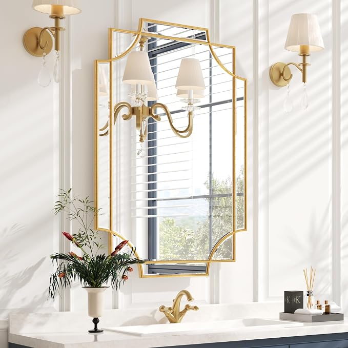 Kelly Miller 24"x36" Gold Foil Scalloped Edge Decorative Vanity Wall Mirror | Hand-Applied Gold Foil Finish. HD Mirror With French Cleat. Elegant Beveled Wall Mirror Decor For Bathroom Bedroom Entryway.