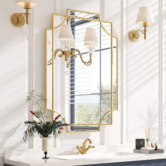 Kelly Miller 24"x36" Gold Foil Scalloped Edge Decorative Vanity Wall Mirror | Hand-Applied Gold Foil Finish. HD Mirror With French Cleat. Elegant Beveled Wall Mirror Decor For Bathroom Bedroom Entryway.