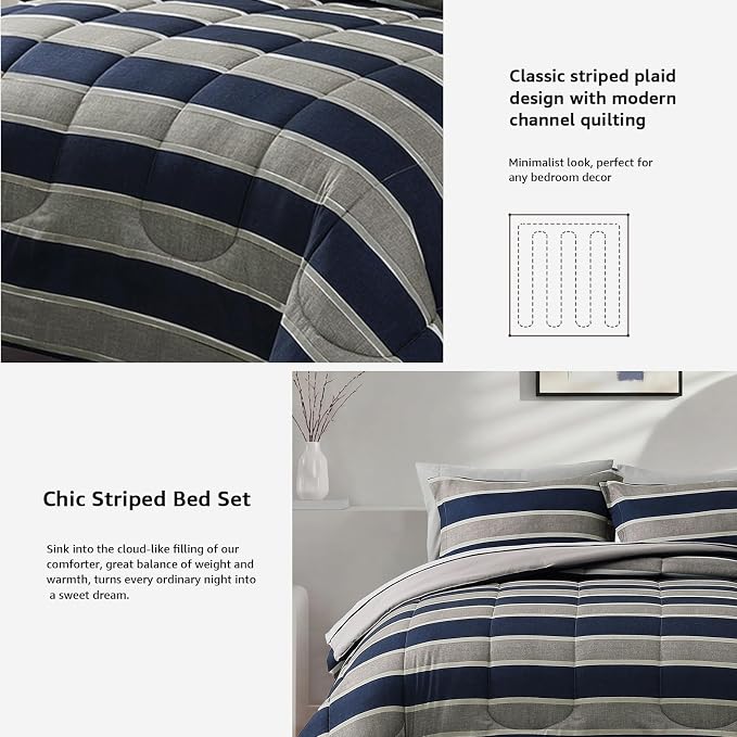 Monbix Queen Comforter Set-7 Pieces Striped Bed in a Bag Queen Bedding Sets | All Season Grey Reversible Soft Comforter Bed Set with Sheets, Pillowcases & Shams