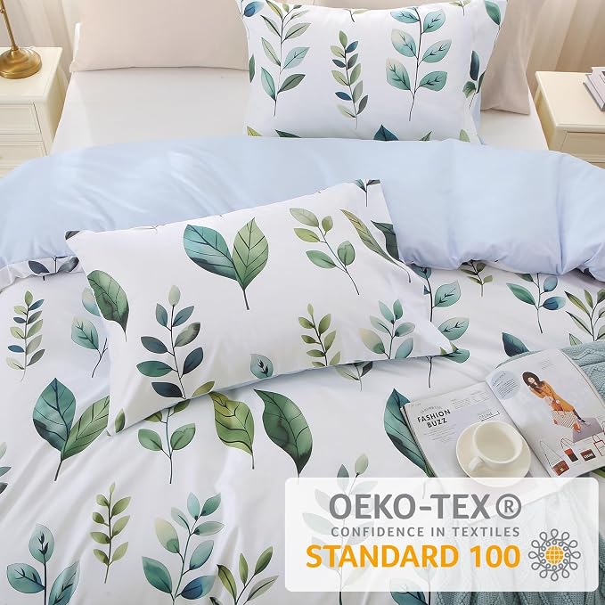 MUXHOMO Duvet Cover Queen Size, Reversible Floral Vintage Duvet Cover Set with Zipper Closure, 3 Pieces Botanical Patterns Soft Microfiber Bedding Set (90"x90", 2 Pillow Cases, Green Foliage White)