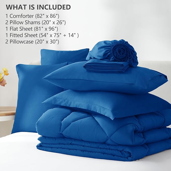 Full Size Comforter Sets Classic Blue - 7 Pieces Bed in a Bag | OEKO-TEX Certified, All Season, 240GSM Down-Alternative Comforter, Sheets, Pillowcases & Shams, 14" Deep Pocket, Easy Care