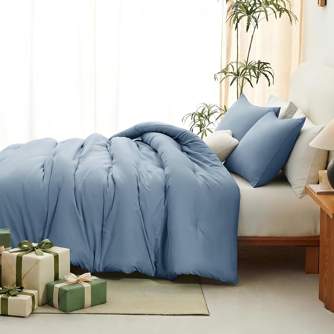 Twin Comforter Set, 2 Pieces Down Alternative Bedding, Grayish Blue | 270 GSM Twin XL College Dorm Comforter with 4 Corner Ties Use as a Duvet Insert, OEKO-TEX Certified, 1 Pillowcase, 68 x 88 in