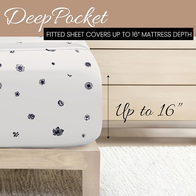 Linen Market Patterned Microfiber Full Sheet Set 4 Piece – Oeko-TEX Certified Ultra Soft & Wrinkle-Free - 16" Deep Pocket Sheets - Easy Care Full Size - Indigo Flowers Navy