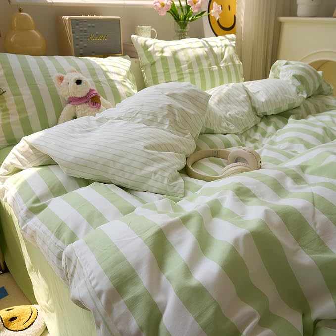 Green Striped Comforter Set Full Size, 3 Piece Aesthetic Stripes Pattern Printed Comforter with 2 Pilliwcases, Soft Breathable Farmhouse Striped Bedding Comforter Lightweight Full Comforter Set