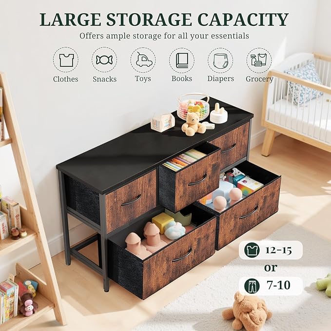 5-Drawer Dresser for Bedroom, Anti-Tip Wide Storage Organizer Fabric | Chest of Drawers TV Stand for 45" TV with Wooden Top and Metal Frame for Closet, Living Room, Hallway, Entryway, Brown