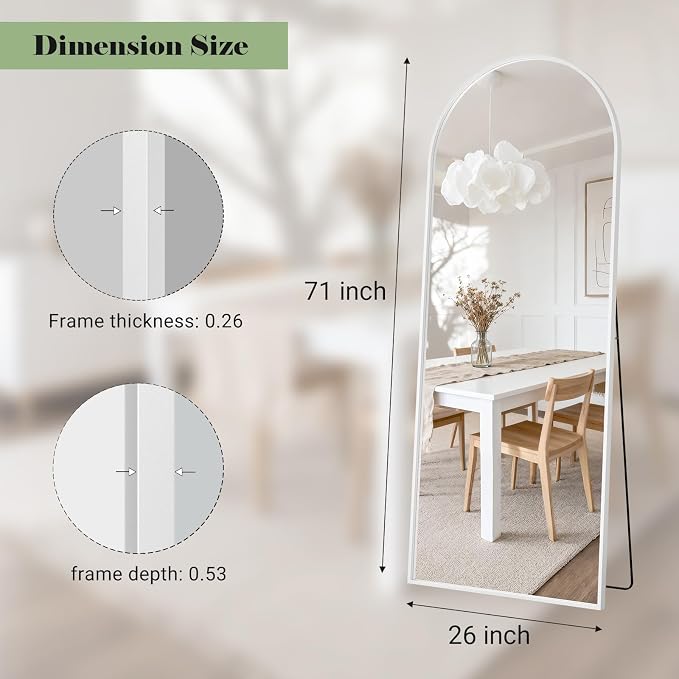 Mirror Full Length, 26"x71" Large Arched Floor Full Length Mirror with Stand, Room Decor Big Full Body Floor Mirror with HD Tempered Glass Aluminum Frame for Bedroom Living Room, White