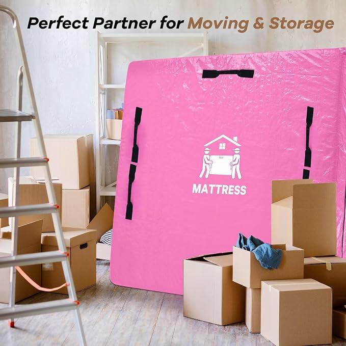 Mattress Bags for Moving, BETU Mattress Protector Waterproof Mattress Cover Full Size Storage Bags with 8 Heavy-Duty Handles and Zipper for Bed Extra Thick Large Reusable (77"x57"x15" Pink)