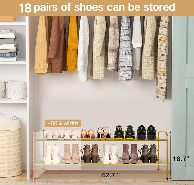 KEETDY 2-Tier Long Shoe Rack for Closet Metal Shoe Organizer for Entryway, Wide Stackable Shoe Storage Shelf with Sturdy Wire Grid for Closet Floor, Bedroom, Gold
