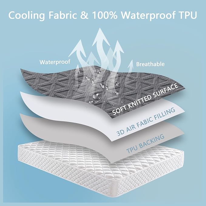 Premium Waterproof Mattress Protector Twin XL Size, Noiseless Deep Pocket | Breathable Bed Cover 3D Air Fabric Cooling Mattress Pad, Soft Washable, Fits 8"-21" Mattress, Viscose Made from Bamboo, Gray
