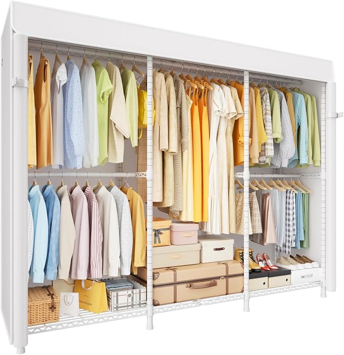 ULIFHOME E14C Pro Heavy Duty Closet Organizer System，Freestanding Clothing Racks for Hanging Clothes，Adjustable Garment Rack 69" W × 16" D × 77" H Hold 960 lbs，White Rack with White Dustproof Cover