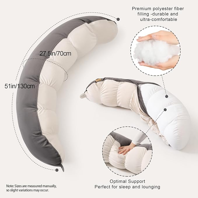 Peallow(Pat. Pend) – Long Round Body Pillow for Adults, Bolster Pillow for Sleeping, Soft and Supportive Pillow for Sleeping & Lumbar Support (Gray-White, 39")