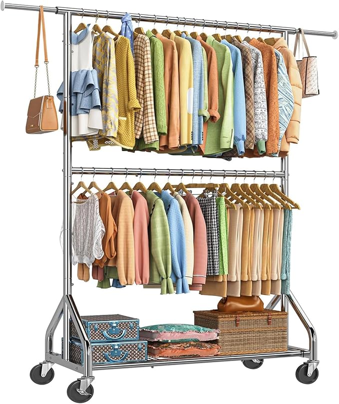 Simple Trending Double Rod Clothing Rack, Heavy Duty Clothes Rack, Chrome | Extendable Garment Rack, Freestanding Portable Closet with Wheels & Shelf, Adjustable Middle Rod, for Bedroom, Laundry