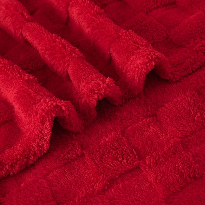 Red Fleece Throw Blanket 90”×90”Checkered Design for Couch Sofa | Super Soft Cozy Plush Microfiber 3D Square Pattern Flannel Blanket for Bed Lightweight for Adults,Women
