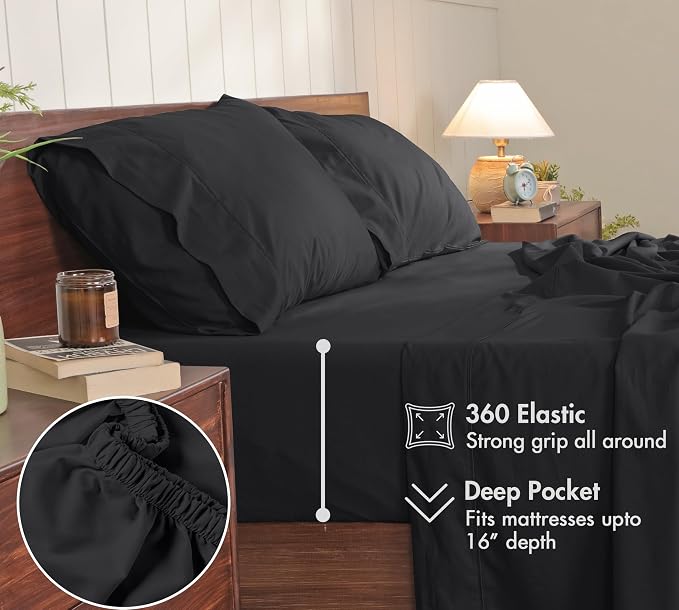 RUVANTI 100% Cotton Percale Sheets Split King Size, Jet Black | Crisp Cooling, Deep Pocket 16", Soft Breathable & Durable, Hotel-Style, 5 Piece Set