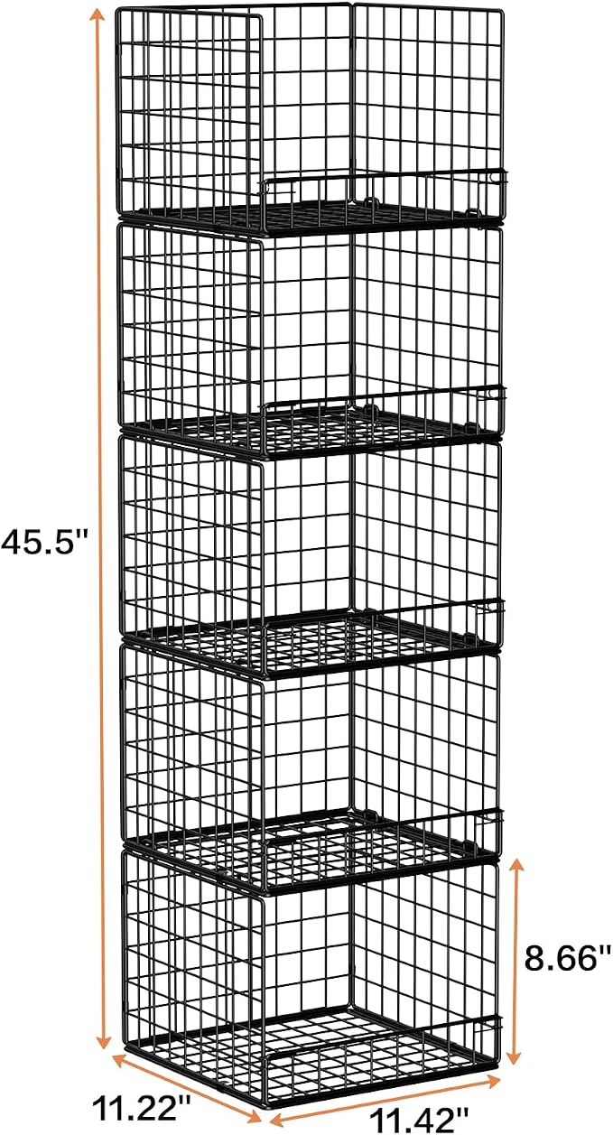 5-Tier Stackable Closet Organizers and Storage Baskets, Closet Shelf Organizer for Small Space, Space-Saving closet organizer system, Foldable Clothes Storage Bins for Closet Organizer System, Black