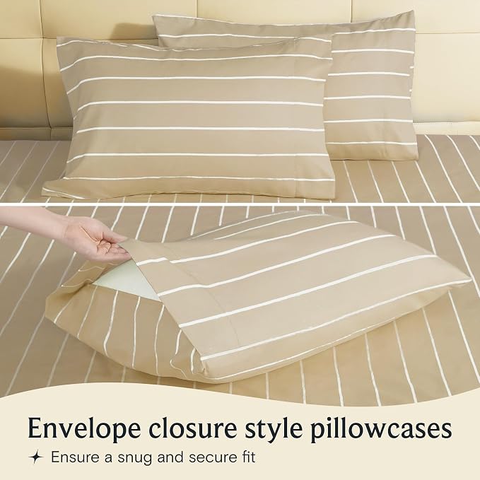 LuxClub 4 PC Full Size Sheet Set, Breathable Luxury Bed Sheets, Deep Pockets 18" Wrinkle Free Cooling Machine Washable Hotel Bedding (Striped Cream) | LuxClub Silky Fitted Sheet & Pillowcase Sets, Breathable Hotel Luxury Bedding for Mattress Wrinkle Fr...