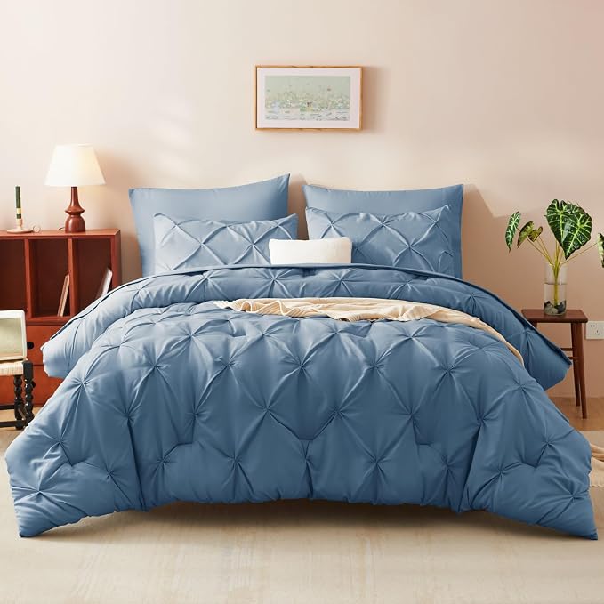 HIMEET California King Comforter Set Dusty Blue - 7 Pieces Bed in a Bag | OEKO-TEX Certified, 240GSM Down Alternative Comforter, 14" Deep Pocket Fitted Sheet + Flat Sheet + 2 Pillowcases + 2 Shams