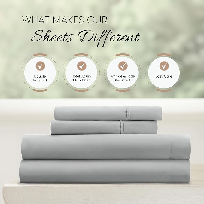 Linen Market Brushed Microfiber King Sheet Set 4 Piece – Oeko-TEX Certified Ultra Soft & Wrinkle-Free - 16" Deep Pocket Sheets - Easy Care King Size - Light Gray