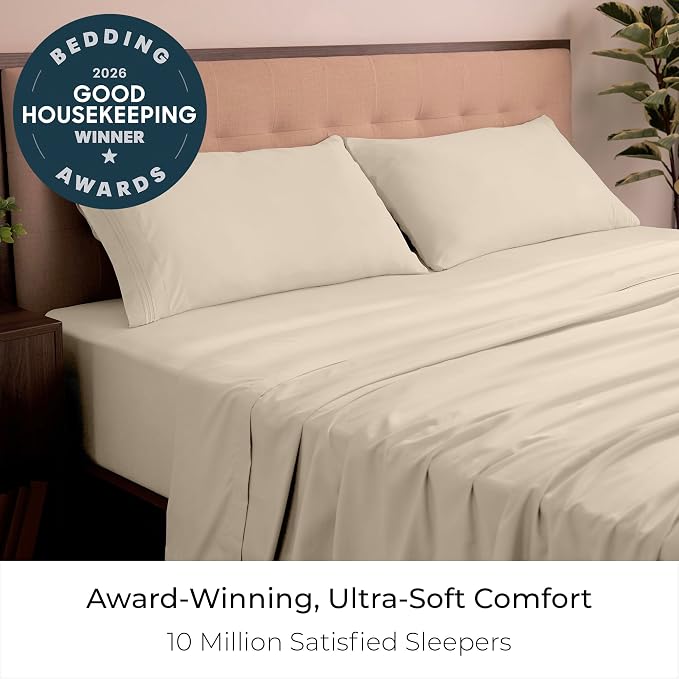 Mellanni Iconic 4-Piece, Ultra Soft Sheet Set (King, Beige) | 10M+ Sleepers. Lab-tested: Sleeps Cool, Stays Bright, Strong, Smooth. Good Housekeeping Best Bedding, 7 yrs running.
